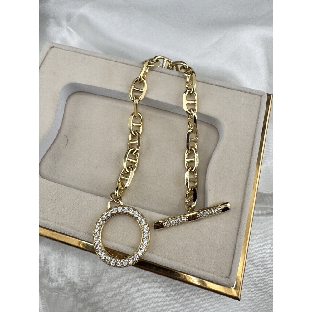 Gold Plated 14k  Chain Bracelet Toggle Closure Clear Round Crystal Pavé - Picture 3 of 3